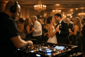 Tanzende Hochzeitgesellschaft mit DJ im Vordergrund